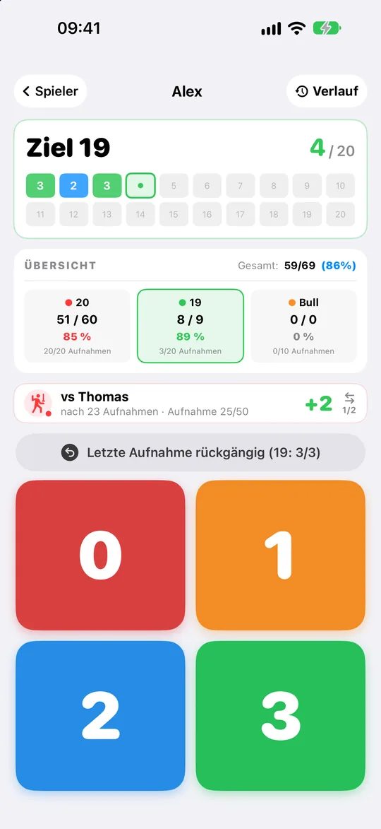 Laufende 20/19/Bull-Routine mit Live-Duell und dem Tastenfeld für 0 bis 3 Treffer