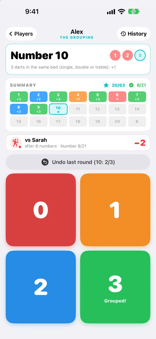 Grouping challenge in progress with the 21-number ladder
