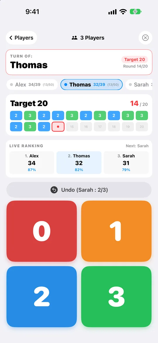 Three players sharing one iPhone with live standings