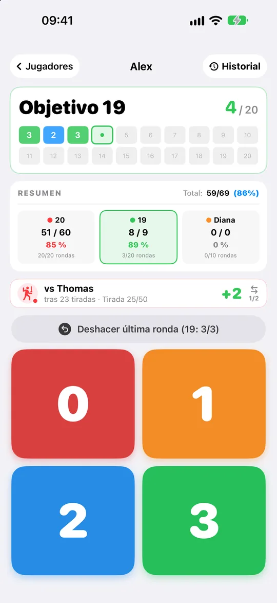 Rutina 20/19/Diana en curso con un duelo en directo y el teclado de 0 a 3 aciertos