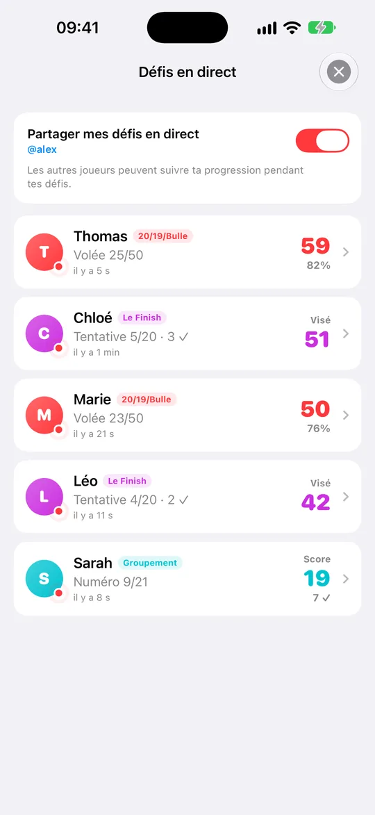 Défis en cours des autres joueurs, suivis en temps réel