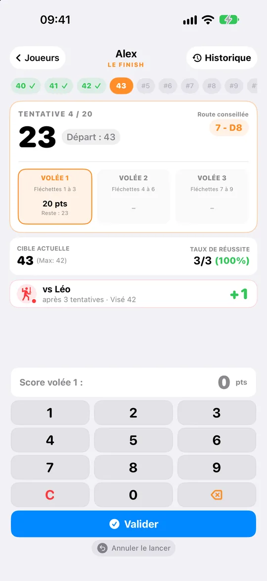 Défi Finish en cours avec le checkout conseillé